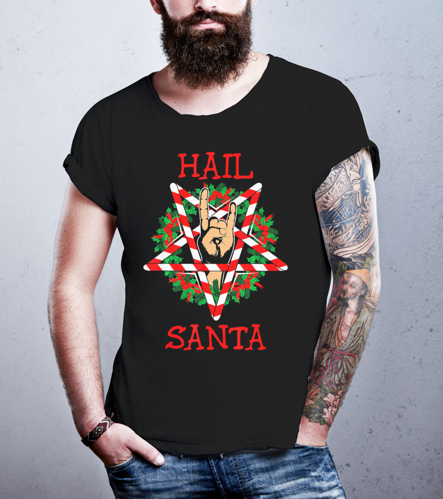 Hail Santa Sleigher Pentagram With Candy Cane And Rock Hand Gesture T-Shirt