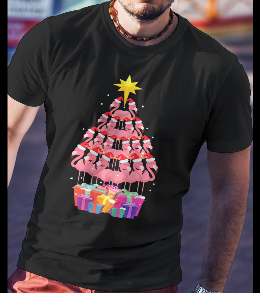 Flamingo Santa Hat Christmas Tree With Gifts And Star T-Shirt