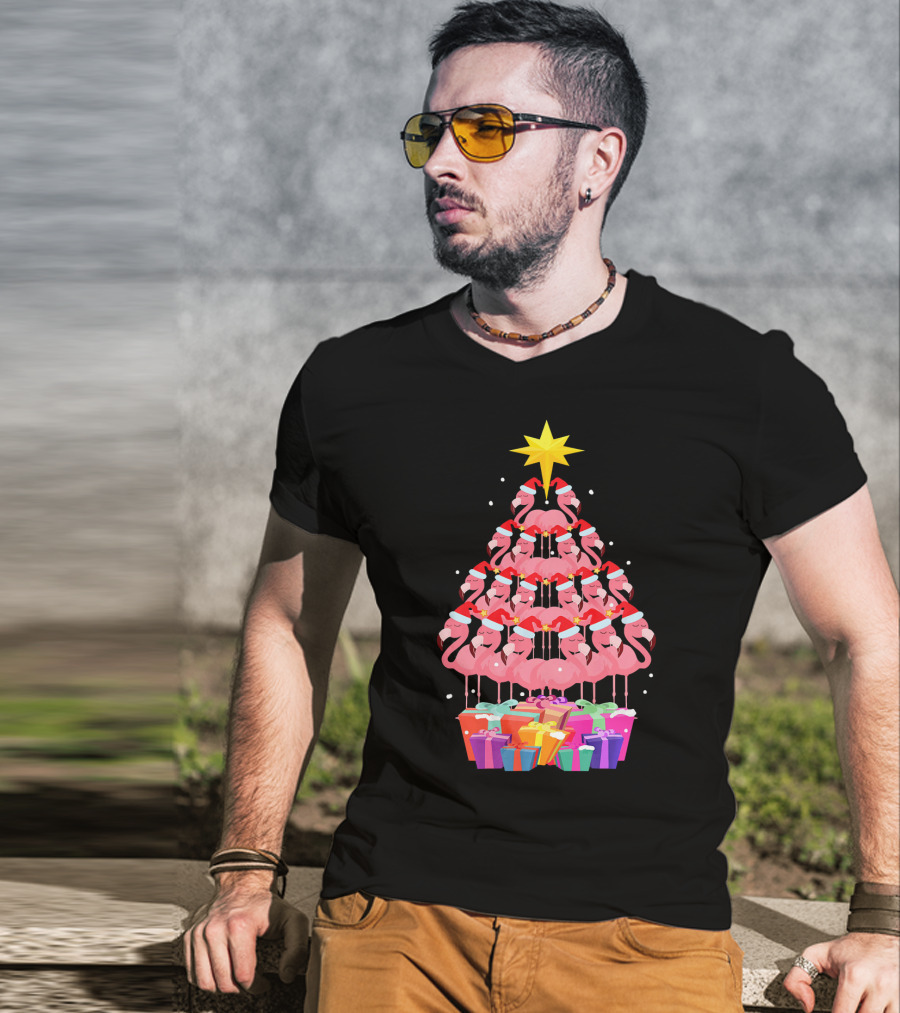 Flamingo Santa Hat Christmas Tree With Gifts And Star T-Shirt