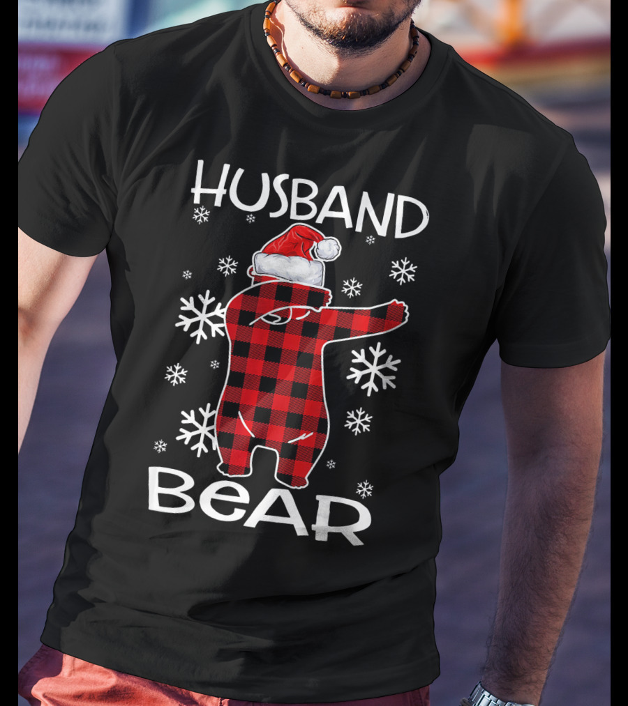 Husband Bear Dabbing Santa Hat Snowflakes T-Shirt