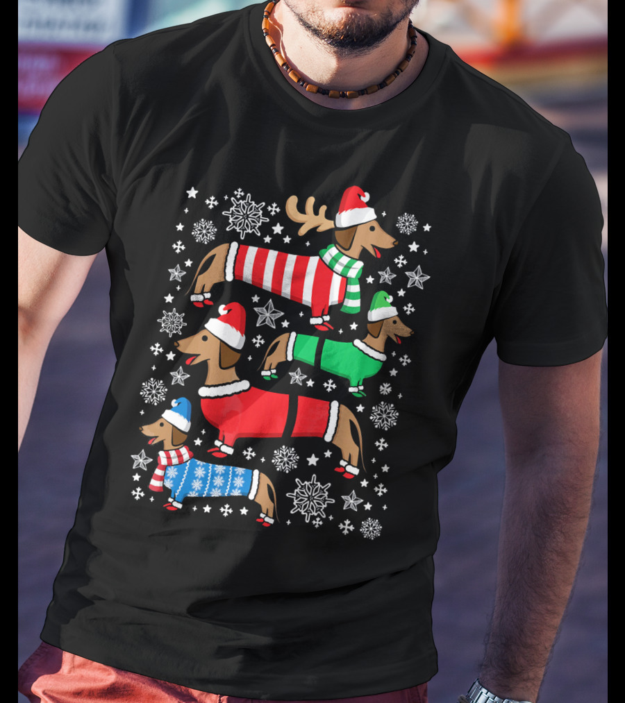 Dachshund Merry Christmas Weiner Ugly Sweater Santa Reindeer Snowflakes T-Shirt