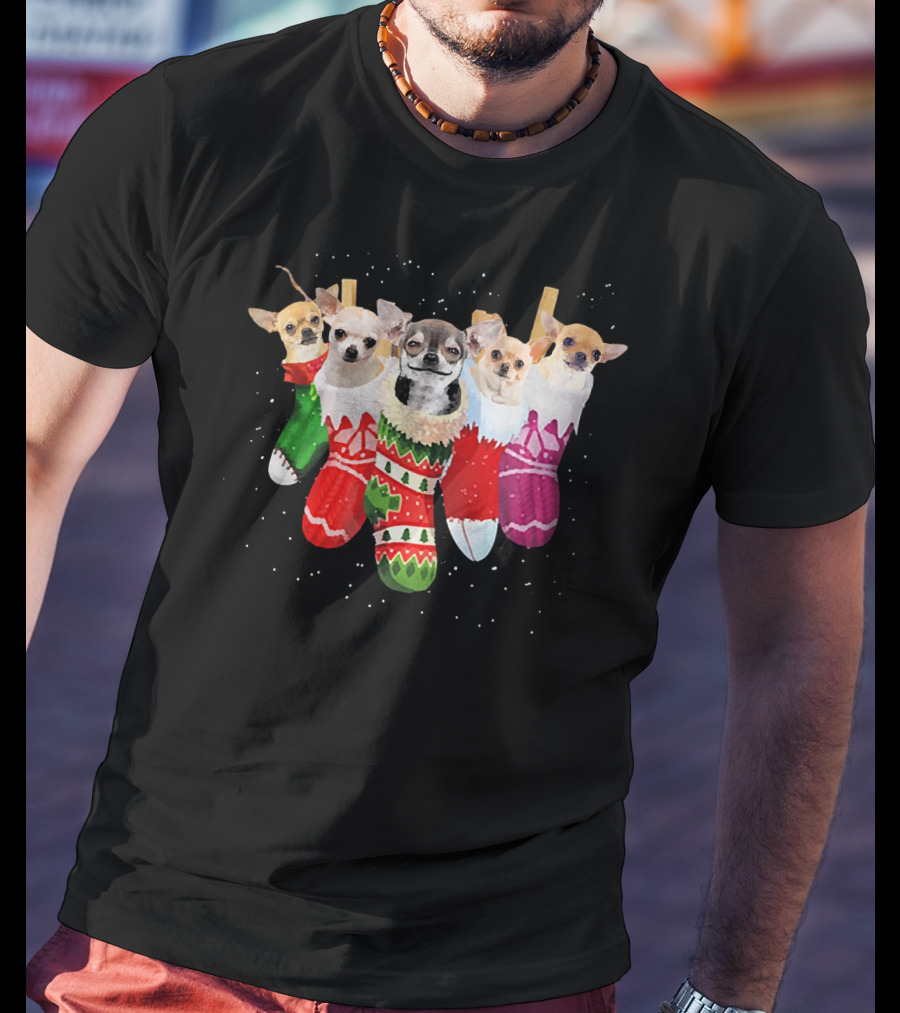 Chihuahua Puppies In Festive Holiday Socks T-Shirt