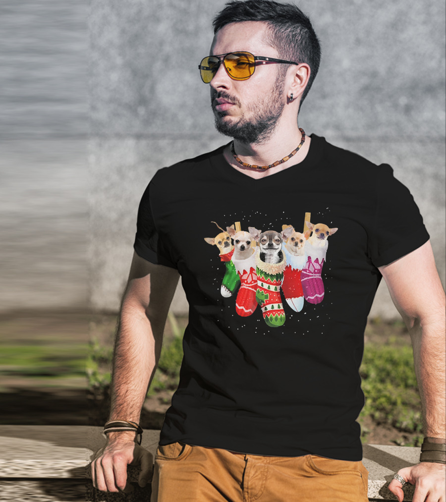 Chihuahua Puppies In Festive Holiday Socks T-Shirt