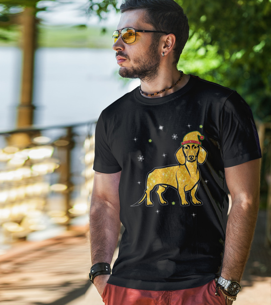 Christmas Lights Glitter Dachshund Dog With Santa Hat And Snowflakes T-Shirt