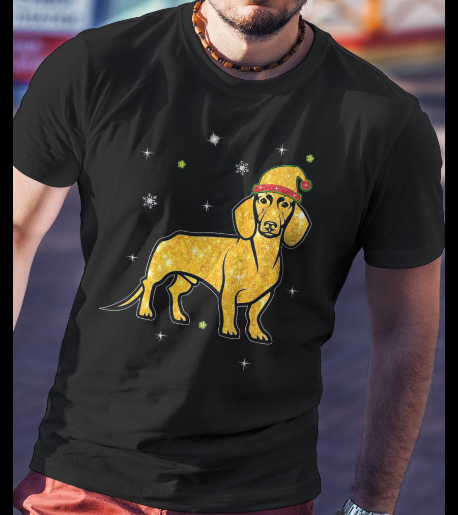 Christmas Lights Glitter Dachshund Dog With Santa Hat And Snowflakes T-Shirt