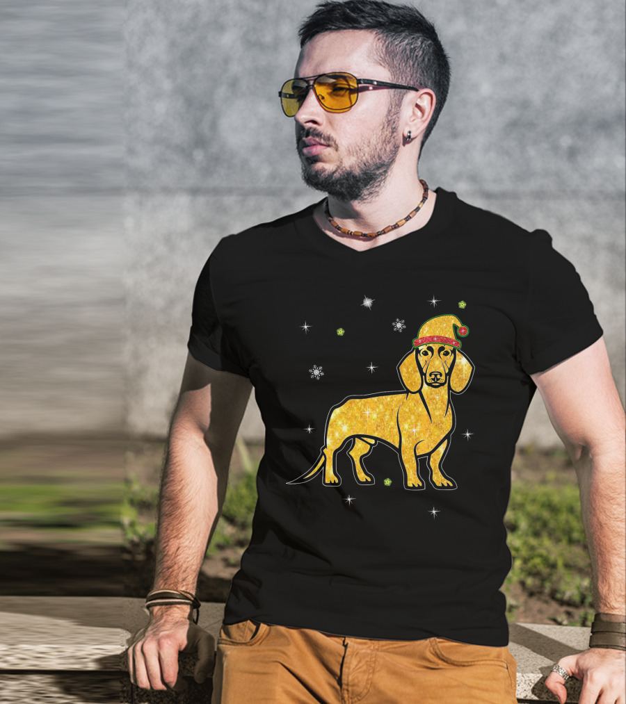 Christmas Lights Glitter Dachshund Dog With Santa Hat And Snowflakes T-Shirt
