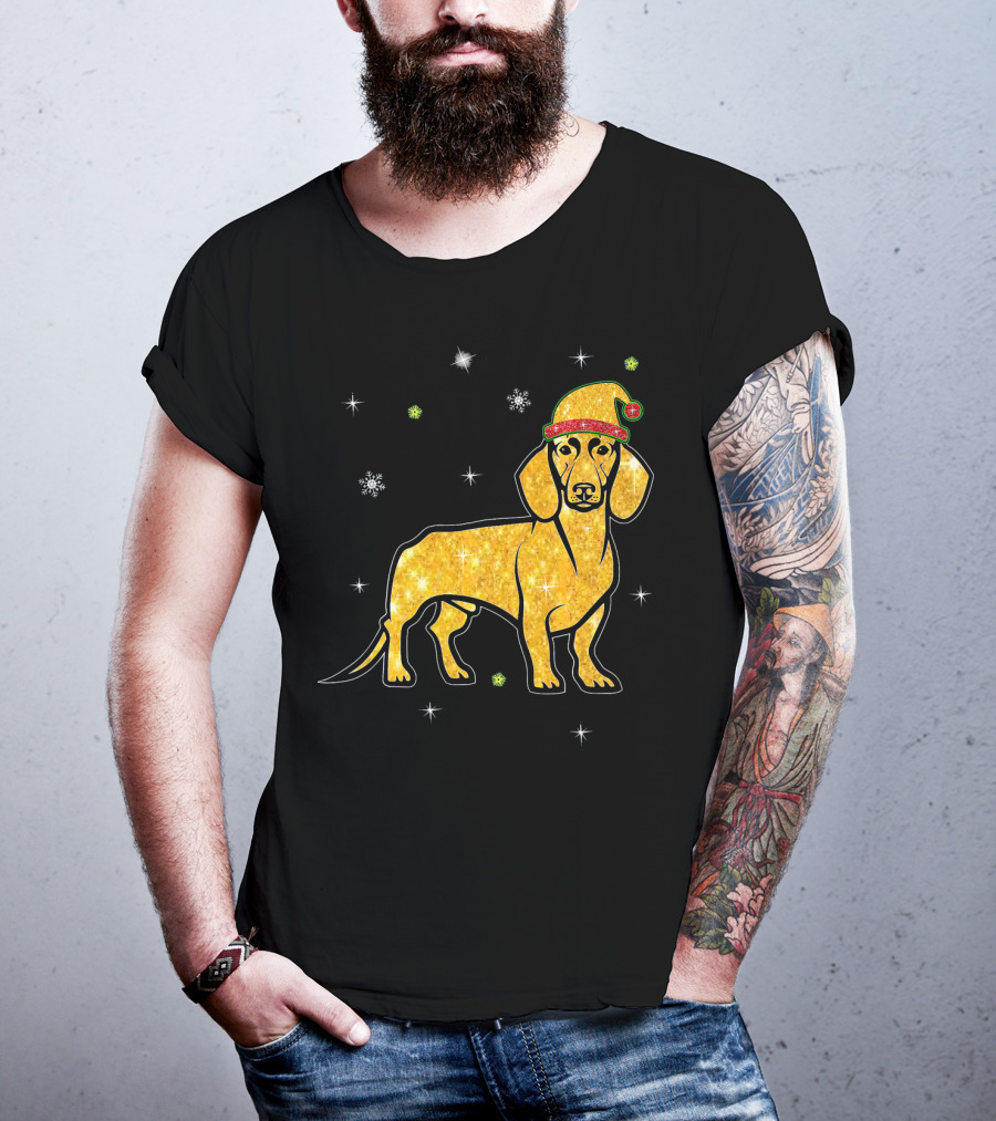 Christmas Lights Glitter Dachshund Dog With Santa Hat And Snowflakes T-Shirt