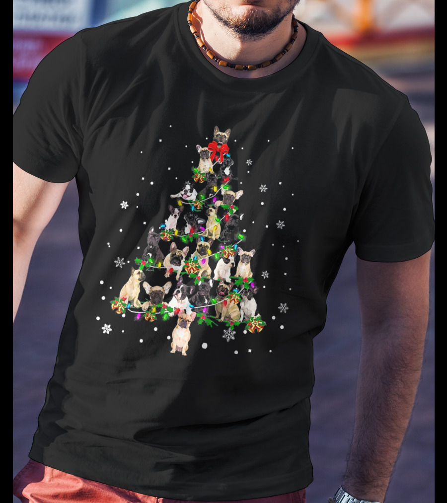Cute Frenchies Dog Christmas Tree Snowflakes Bright Decorations T-Shirt
