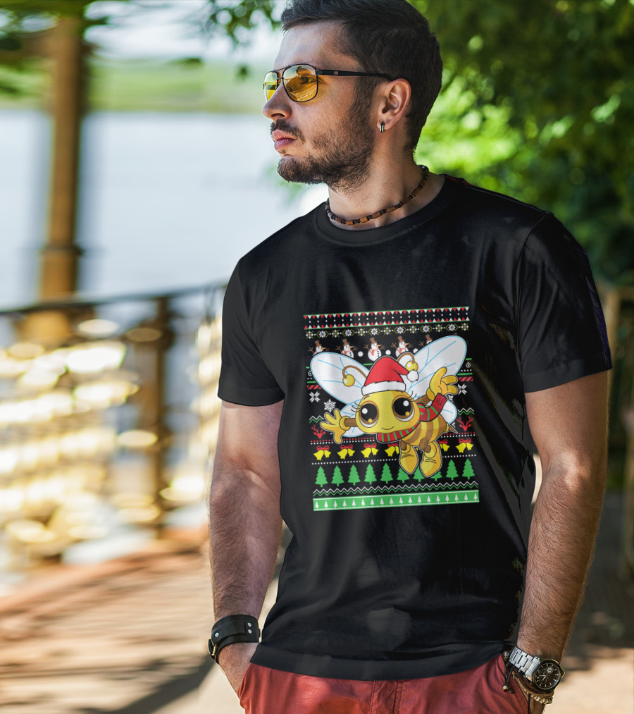 UglyBee Santa Claus Lovely Christmas Sweater Pattern With Cartoon Bee T-Shirt