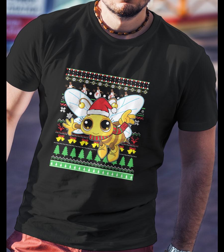 UglyBee Santa Claus Lovely Christmas Sweater Pattern With Cartoon Bee T-Shirt
