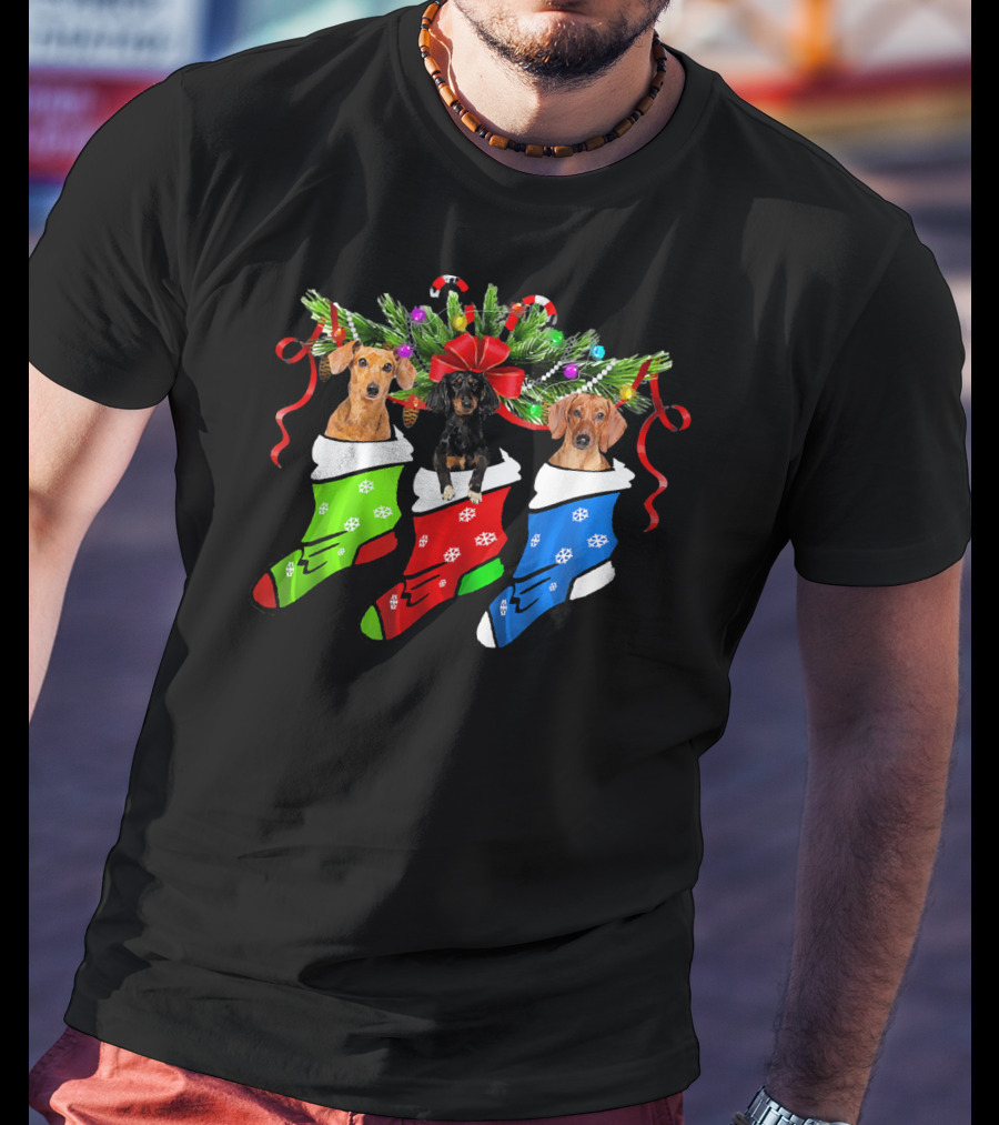 Mens Funny Three Dachshund In Christmas Stockings T-Shirt