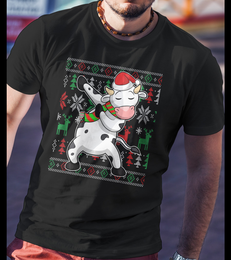 Ugly Christmas Dabbing Santa Cow With Festive Reindeer And Snowflakes T-Shirt