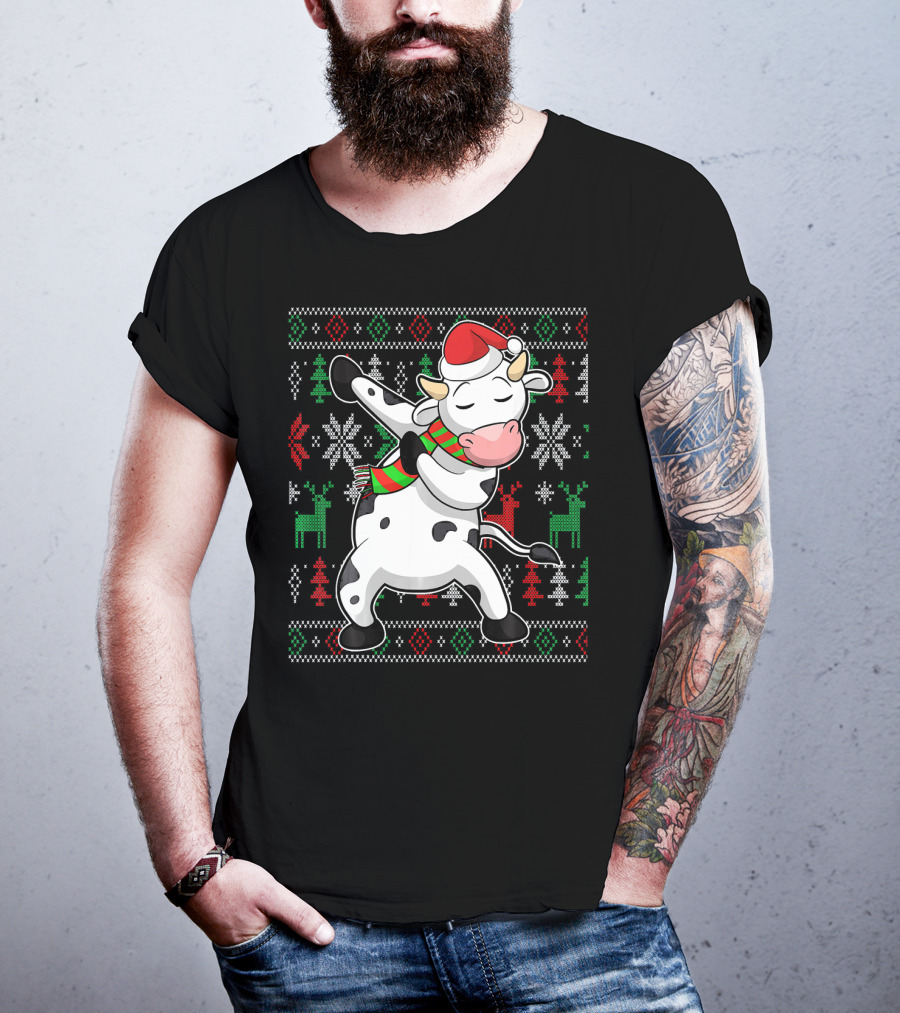 Ugly Christmas Dabbing Santa Cow With Festive Reindeer And Snowflakes T-Shirt