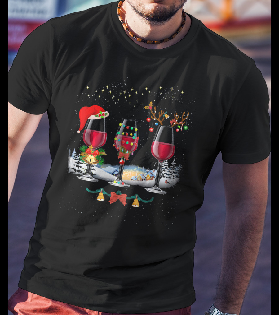 Three Christmas Red Wine Glasses Santa Hat Reindeer Lights Snowy Village T-Shirt