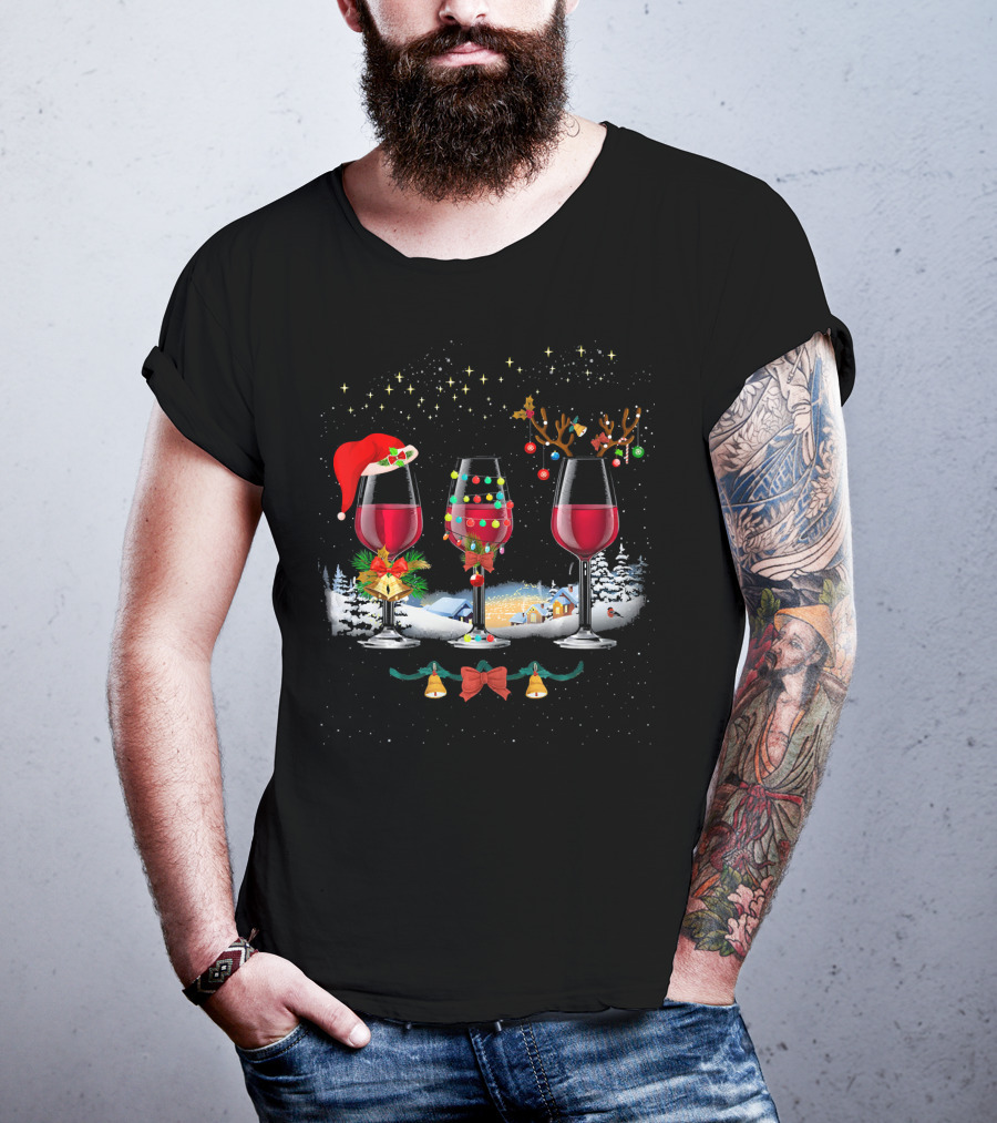 Three Christmas Red Wine Glasses Santa Hat Reindeer Lights Snowy Village T-Shirt