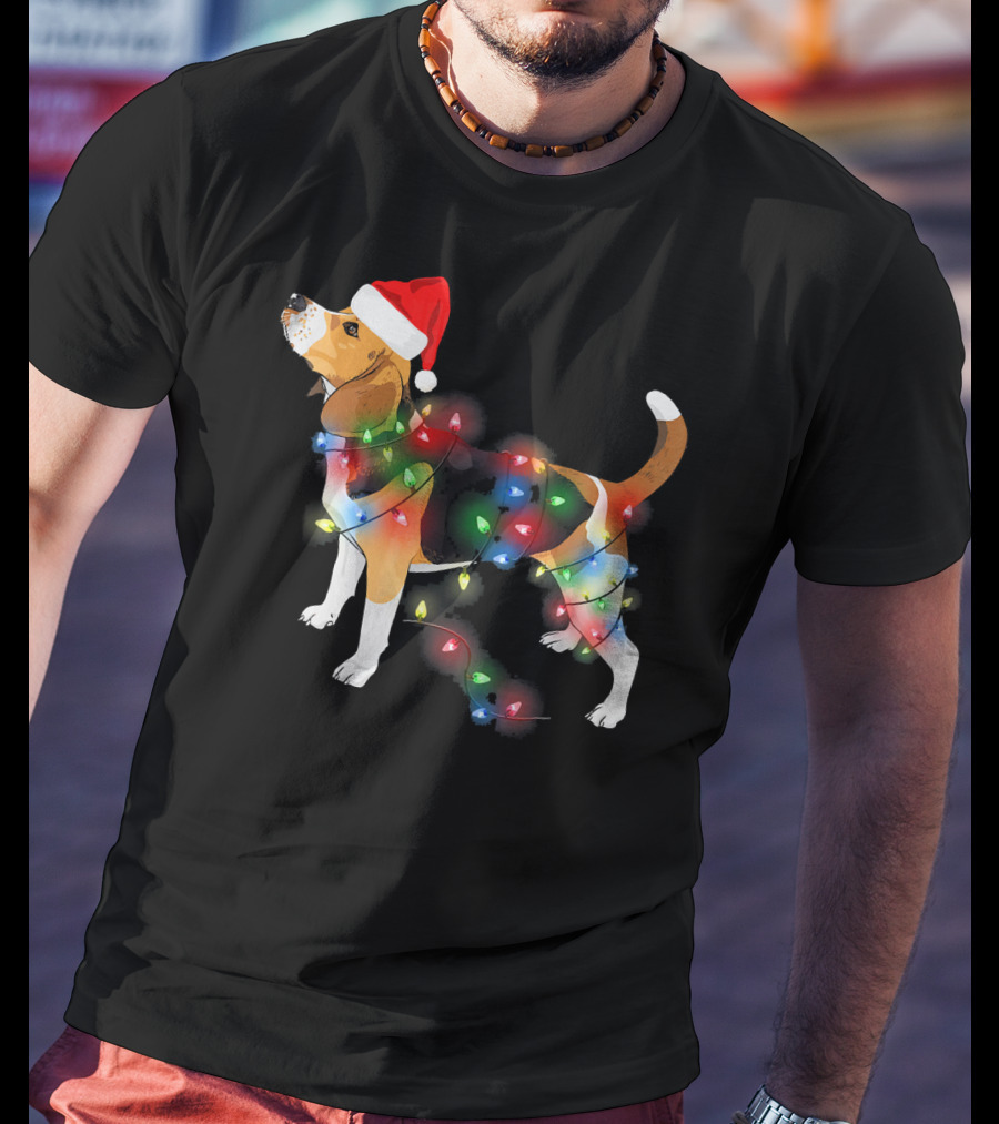 Beagle With Christmas Lights And Santa Hat T-Shirt