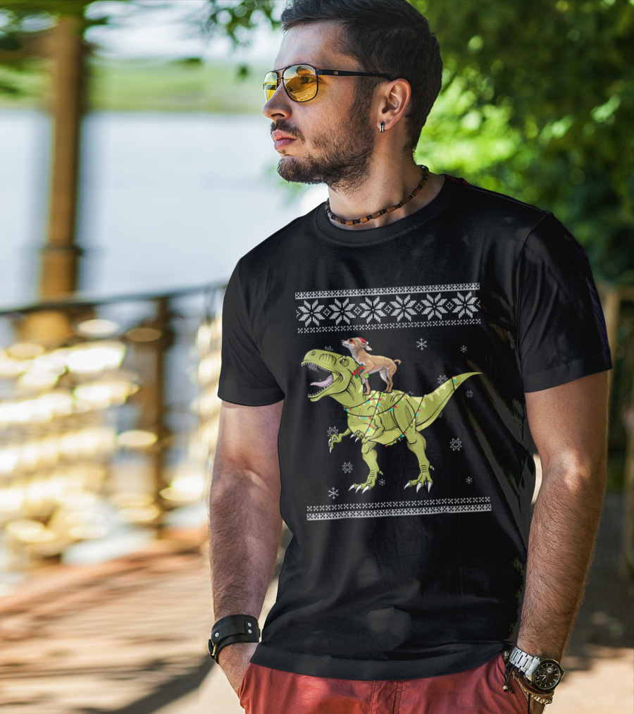 Chihuahua Riding Rex Dinosaur With Christmas Lights And Snowflakes T-Shirt