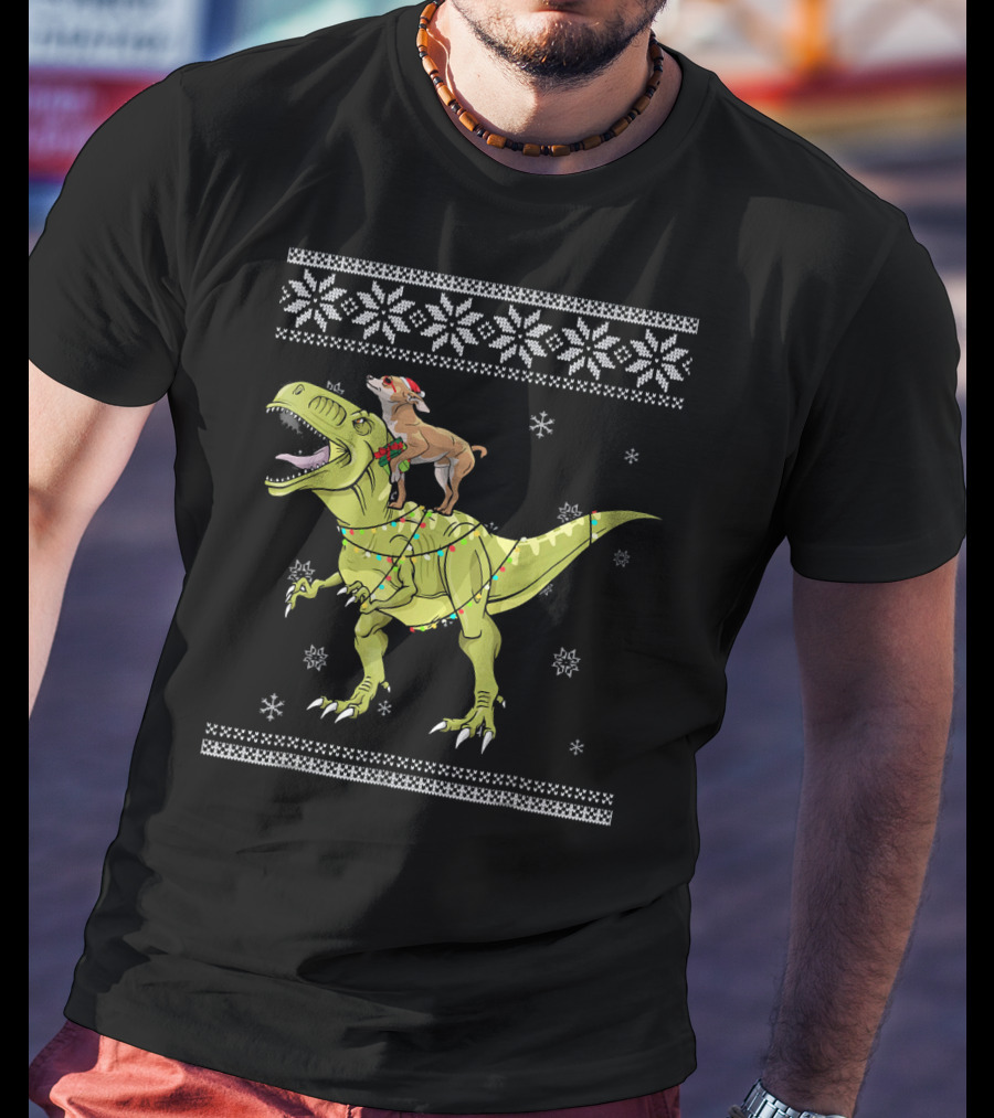 Chihuahua Riding Rex Dinosaur With Christmas Lights And Snowflakes T-Shirt