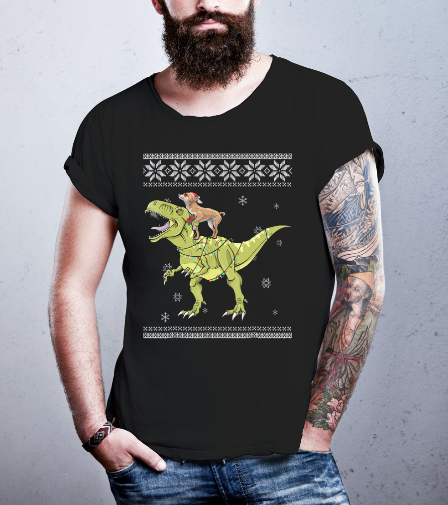 Chihuahua Riding Rex Dinosaur With Christmas Lights And Snowflakes T-Shirt