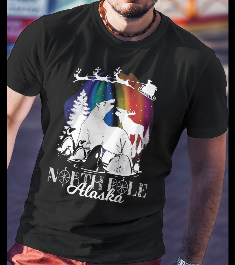 North Pole Alaska Aurora Borealis Polar Bears Reindeer Penguins Santa Sleigh T-Shirt