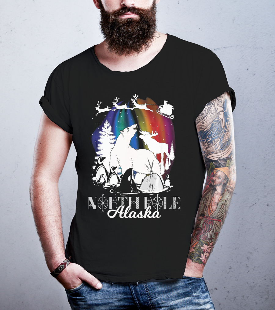 North Pole Alaska Aurora Borealis Polar Bears Reindeer Penguins Santa Sleigh T-Shirt