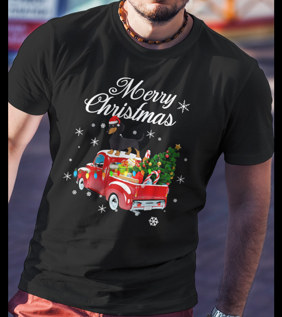 Merry Christmas Dachshund On Red Truck With Gifts And Tree T-Shirt