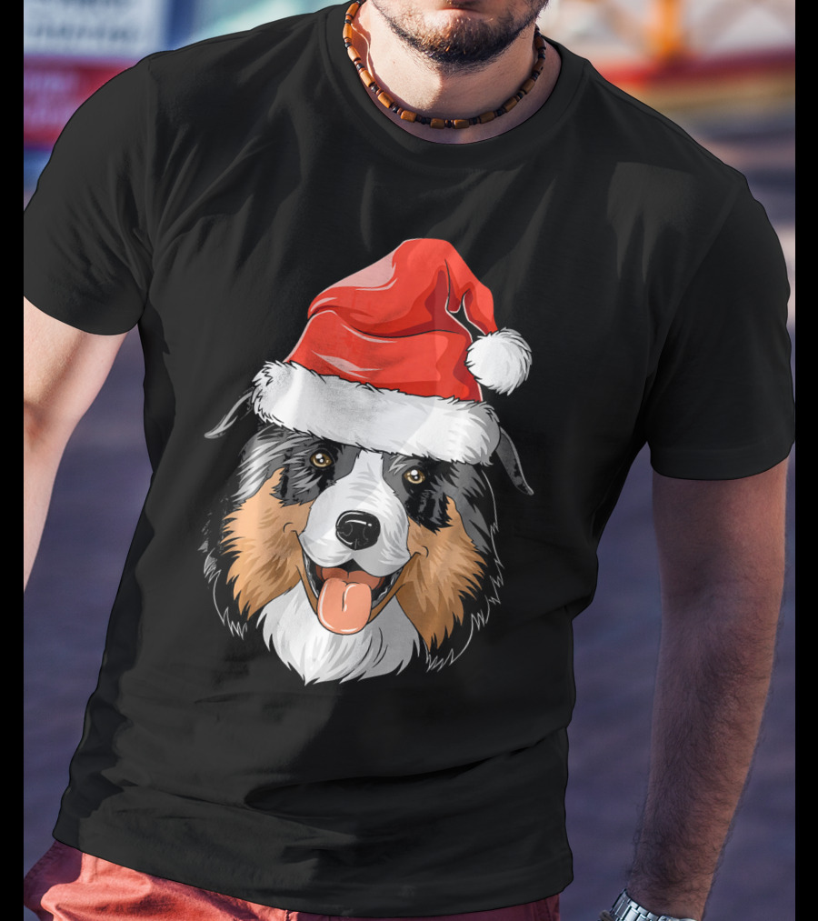 Australian Shepherd Dog Wearing Festive Santa Hat T-Shirt