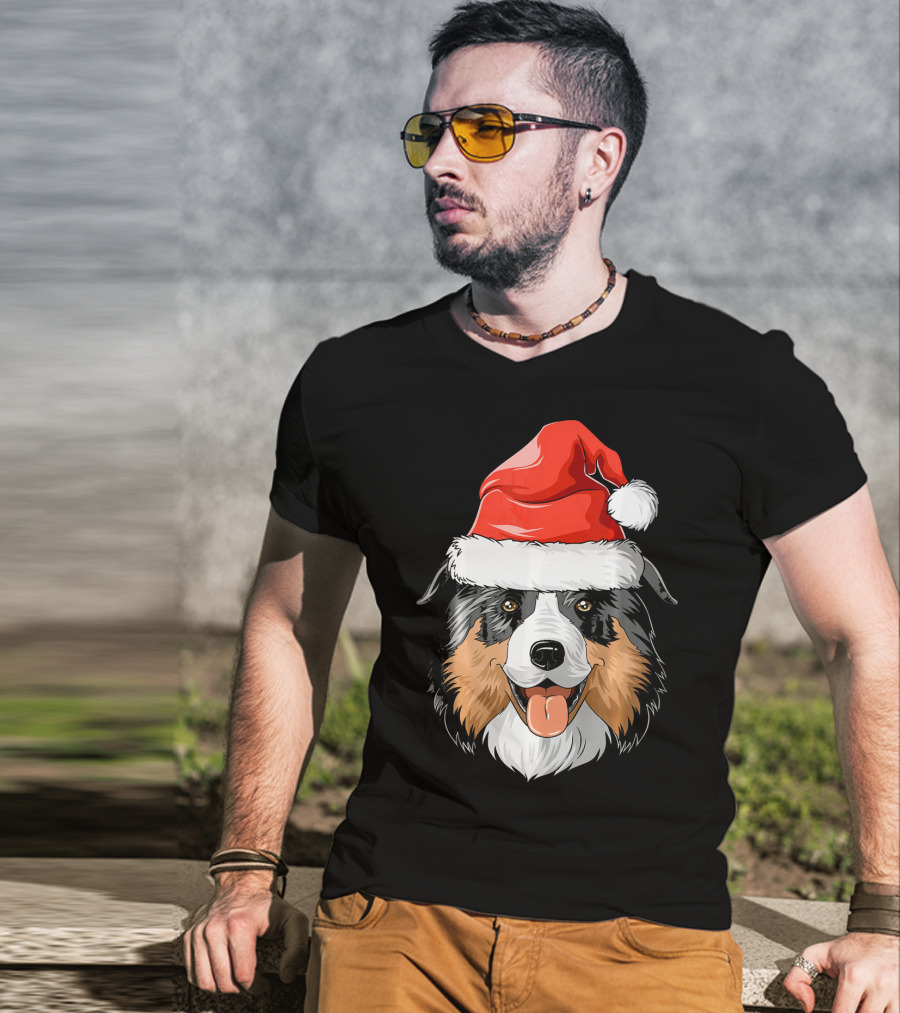 Australian Shepherd Dog Wearing Festive Santa Hat T-Shirt
