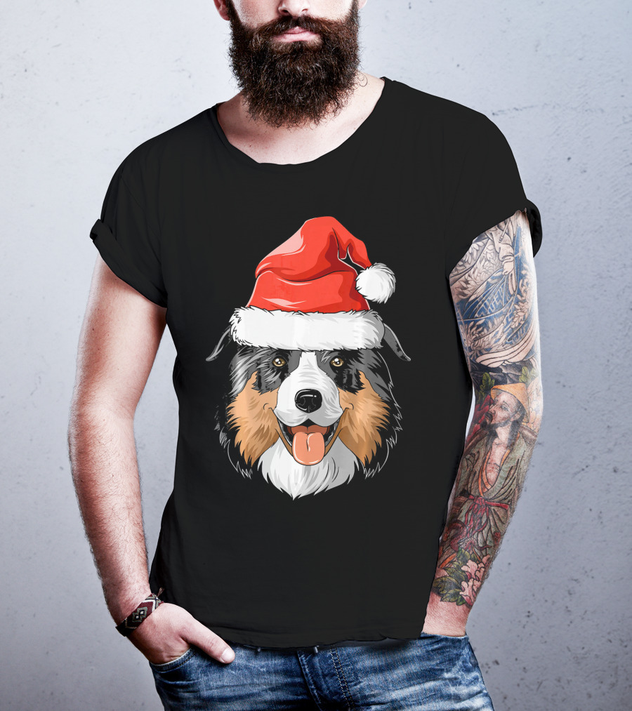 Australian Shepherd Dog Wearing Festive Santa Hat T-Shirt