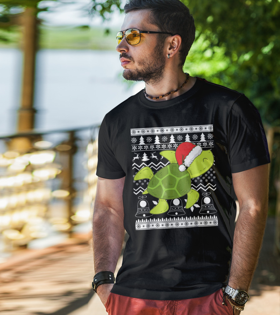 Sea Turtle Santa Holiday Sweater Design With Christmas Bells, Reindeer, Trees, And Snowflakes T-Shirt