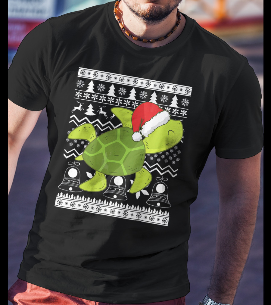Sea Turtle Santa Holiday Sweater Design With Christmas Bells, Reindeer, Trees, And Snowflakes T-Shirt