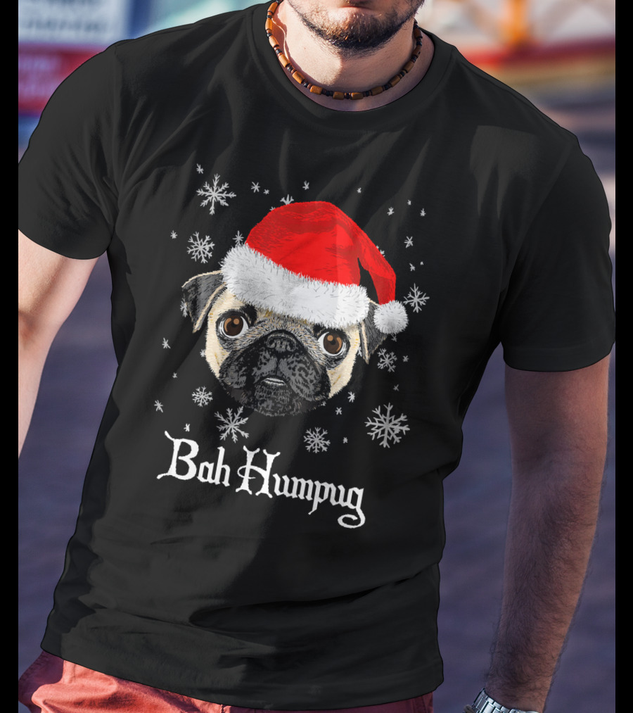 Bah Humpug Funny Christmas Pug Lover Santa Hat Snowflakes T-Shirt
