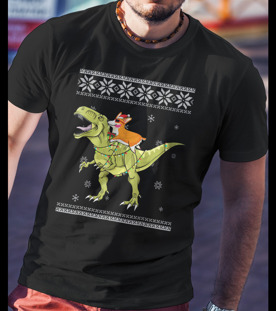 Corgi Riding T-Rex Dinosaur Christmas Lights Snowflakes Ugly T-Shirt