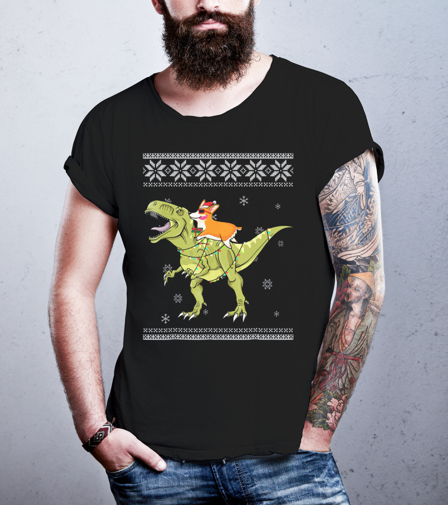Corgi Riding T-Rex Dinosaur Christmas Lights Snowflakes Ugly T-Shirt