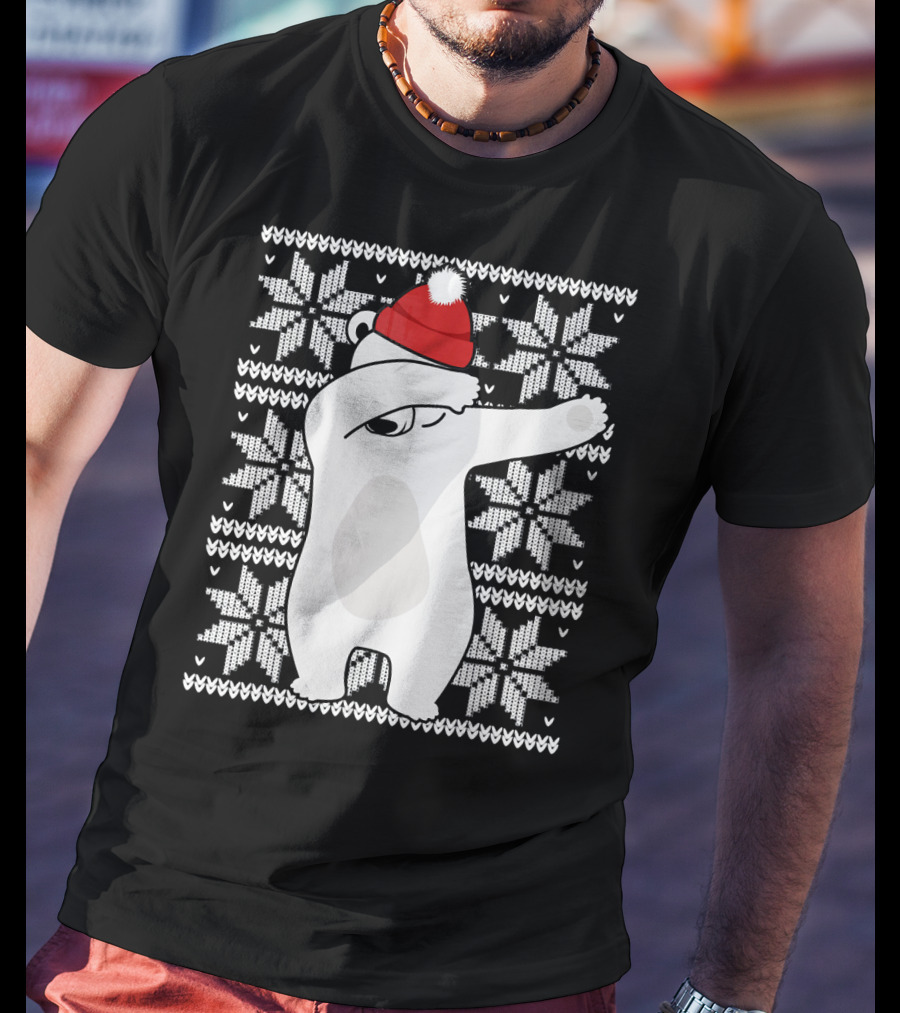 UGLY CHRISTMAS Dabbing Polar Bear In Santa Hat With Snowflake T-Shirt