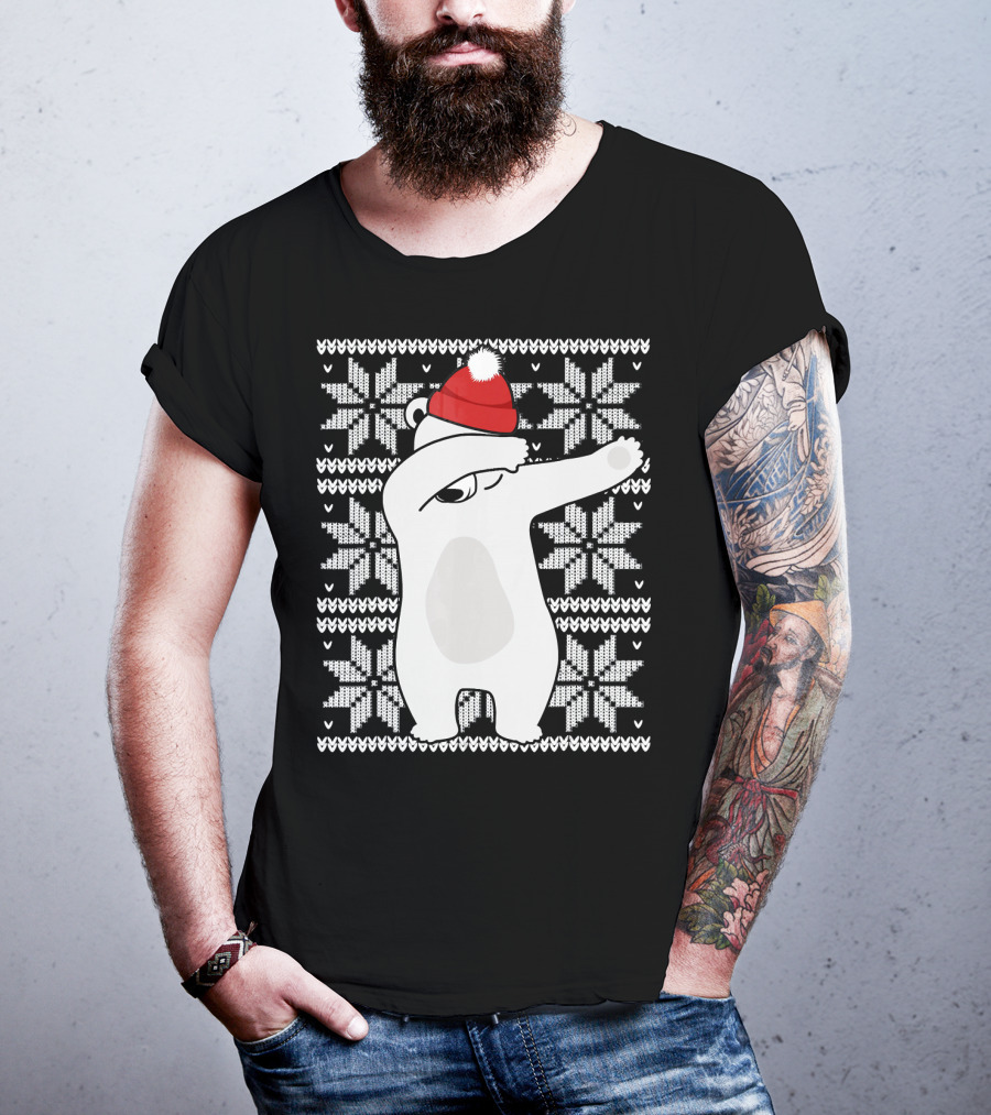 UGLY CHRISTMAS Dabbing Polar Bear In Santa Hat With Snowflake T-Shirt