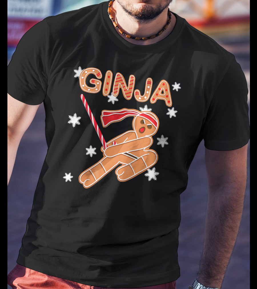Gingerbread Ginja Funny Christmas Ninja Candy Cane Snowflakes T-Shirt