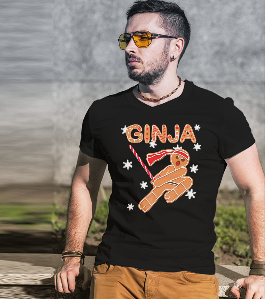 Gingerbread Ginja Funny Christmas Ninja Candy Cane Snowflakes T-Shirt
