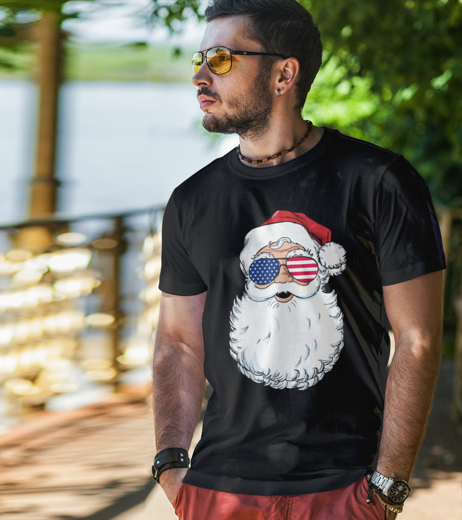 Santa Claus Patriotic USA Sunglasses Christmas T-Shirt