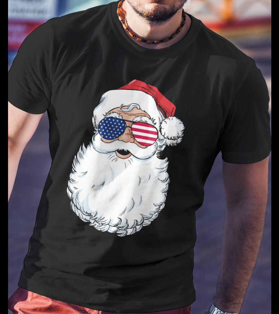 Santa Claus Patriotic USA Sunglasses Christmas T-Shirt