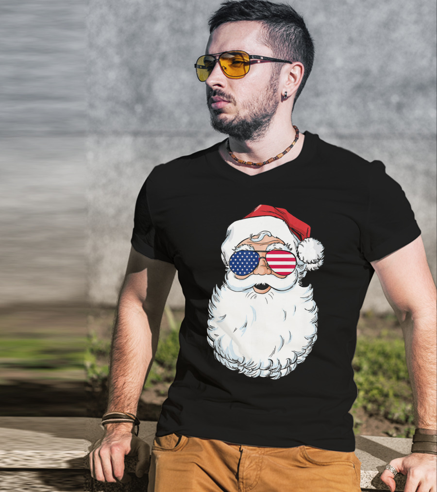 Santa Claus Patriotic USA Sunglasses Christmas T-Shirt