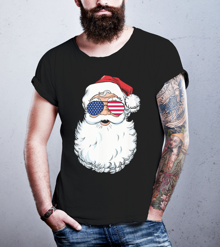 Santa Claus Patriotic USA Sunglasses Christmas T-Shirt
