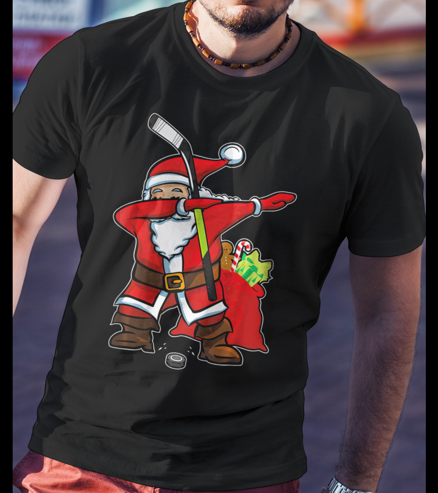 Santa Dabbing With Hockey Stick Christmas Hip Hop With Gifts And Hockey Puck T-Shirt