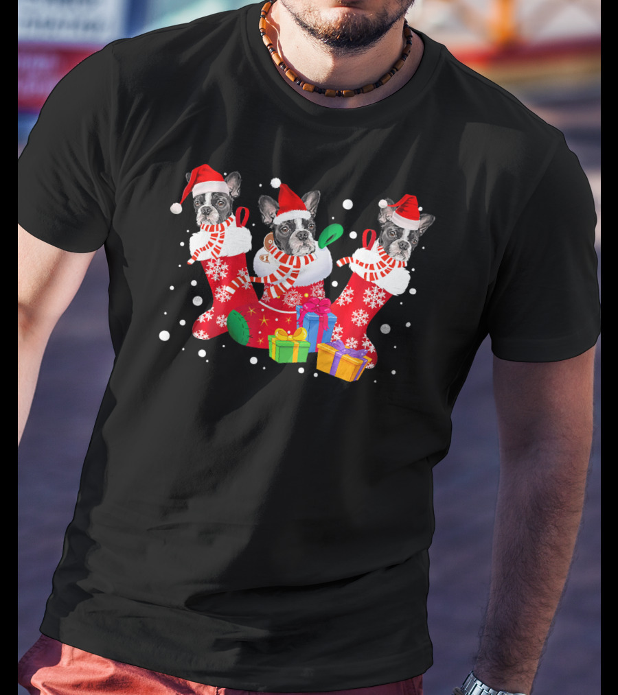 Three Boston Terrier In Santa Hat Stockings Christmas Gifts T-Shirt