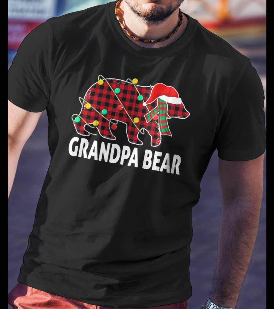 Grandpa Bear Plaid Christmas Hat Family Holiday Lights T-Shirt