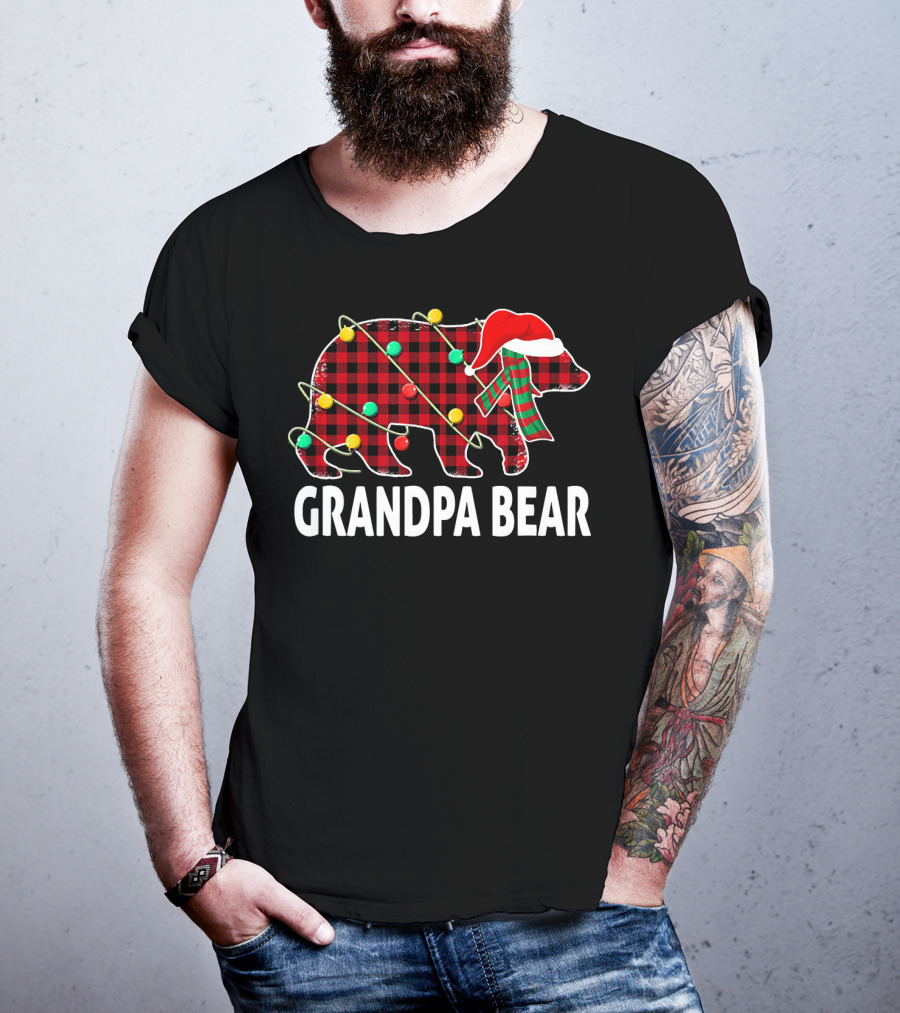 Grandpa Bear Plaid Christmas Hat Family Holiday Lights T-Shirt