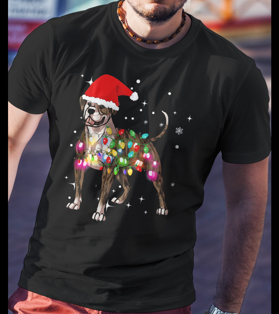Christmas Lights American Bulldog Santa Hat Snowflakes T-Shirt