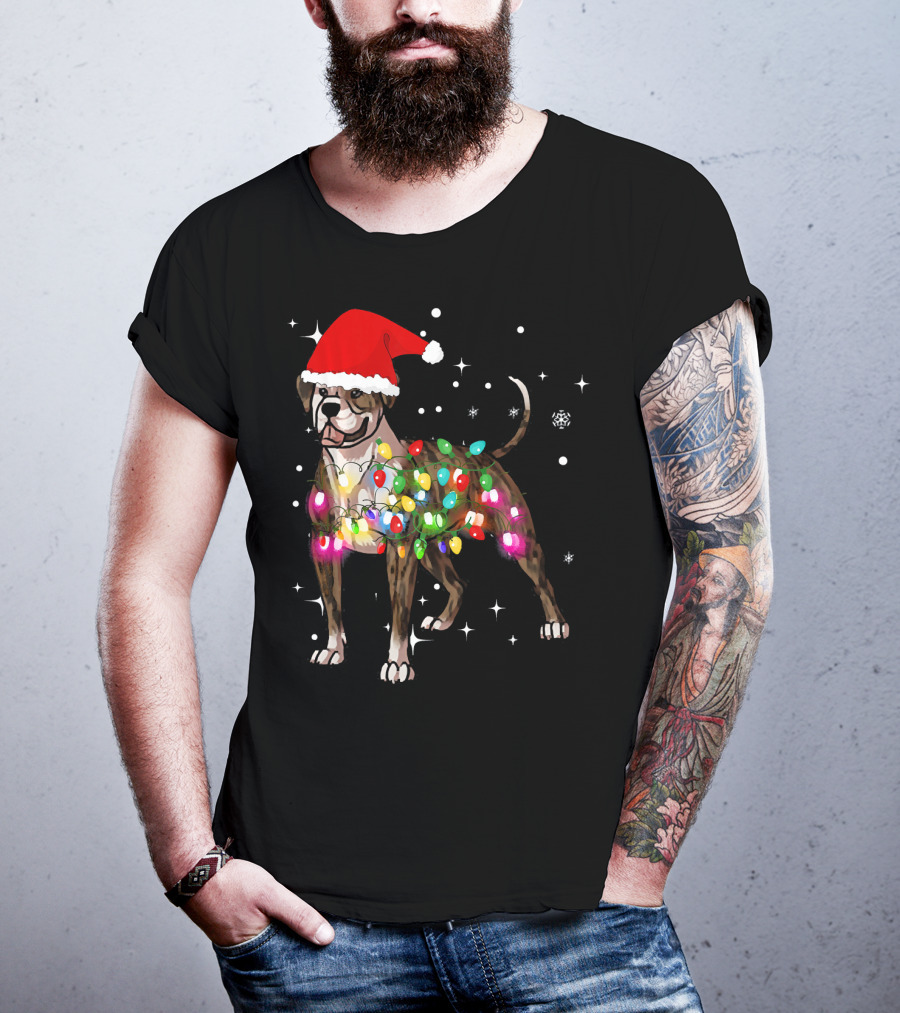 Christmas Lights American Bulldog Santa Hat Snowflakes T-Shirt