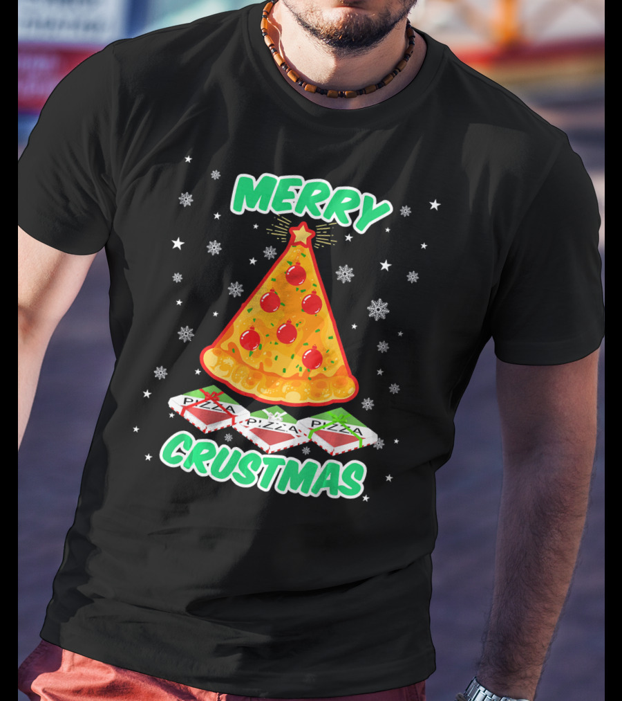MERRY CRUSTMAS Funny Pizza Christmas Tree With Snowflakes And Pizza Boxes T-Shirt