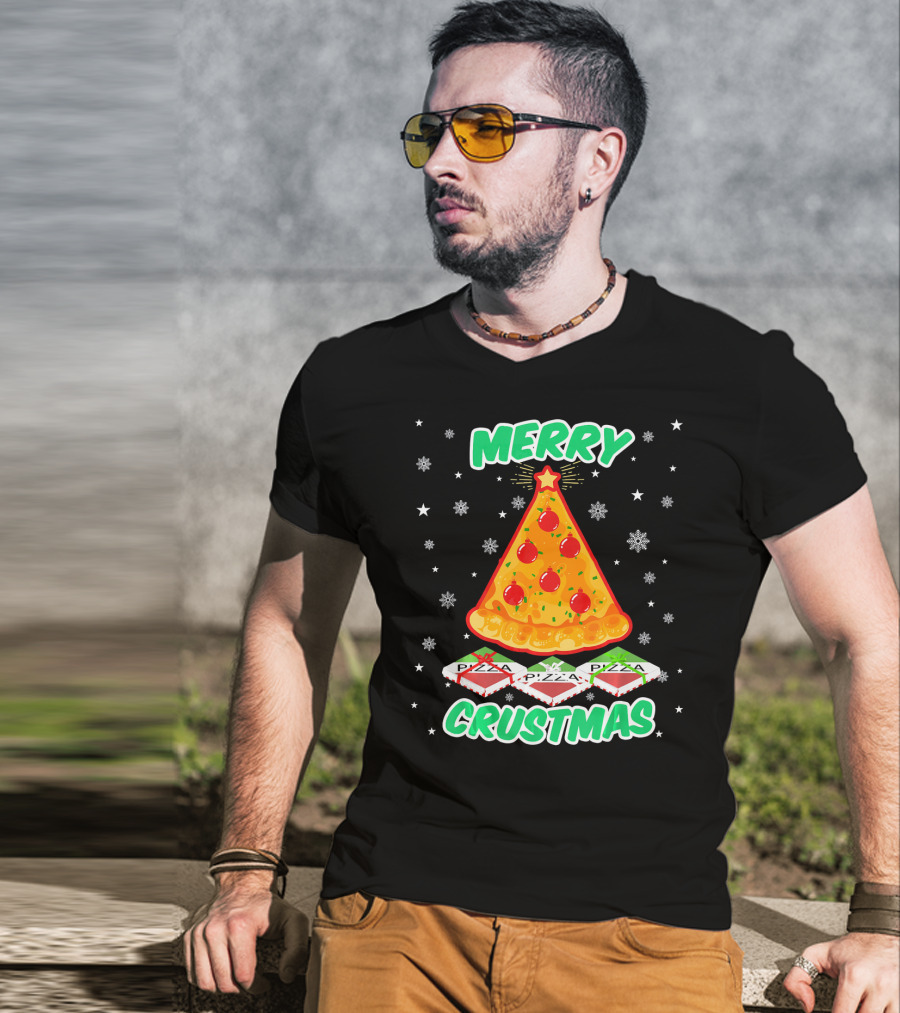 MERRY CRUSTMAS Funny Pizza Christmas Tree With Snowflakes And Pizza Boxes T-Shirt